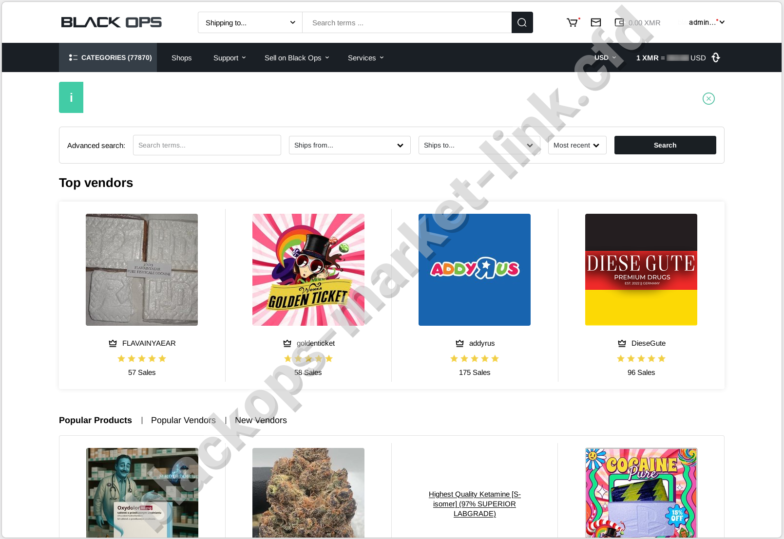 BlackOps darknet market user dashboard after successful login